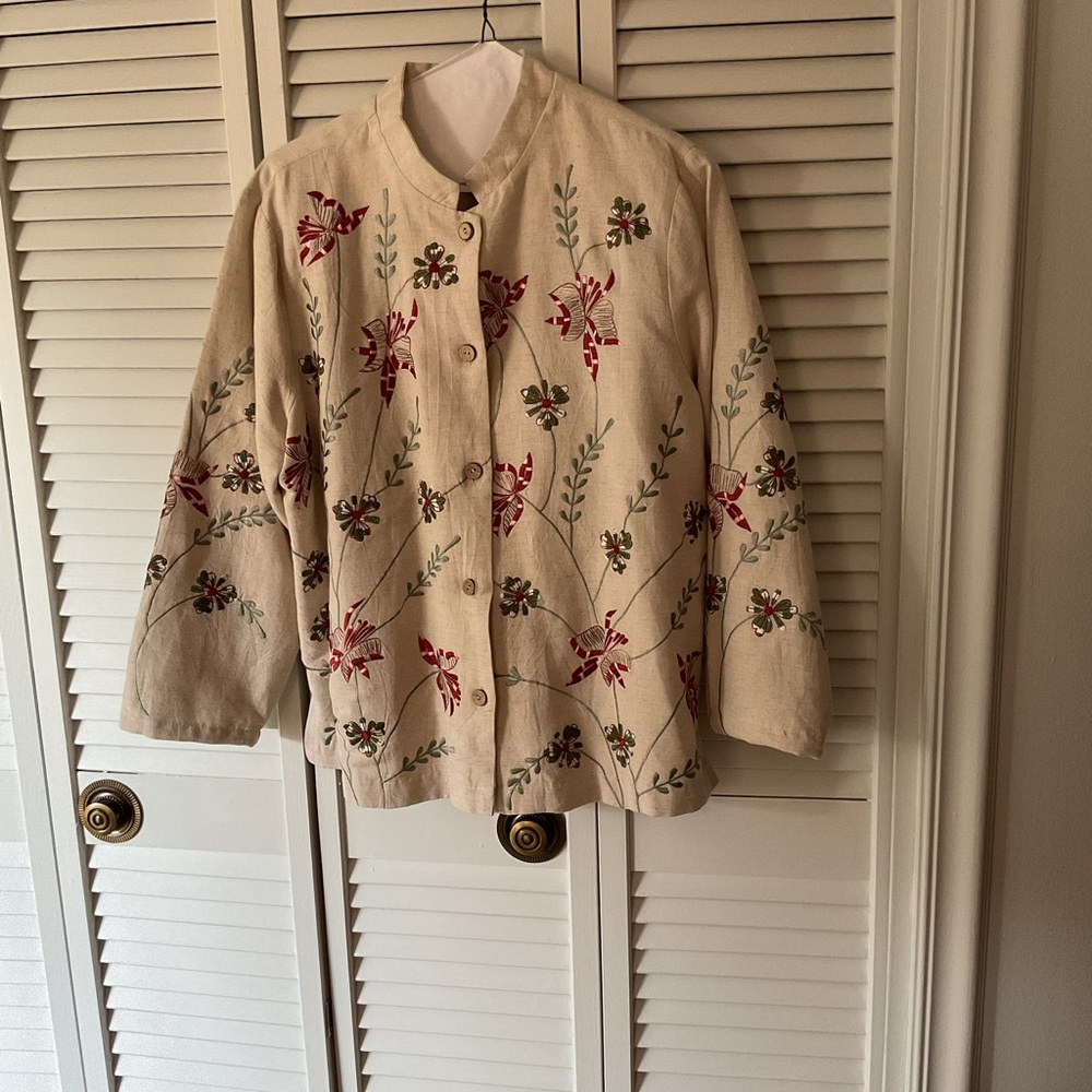 Appleseed's Beige Lined Jacket with Red and Green Embroidery